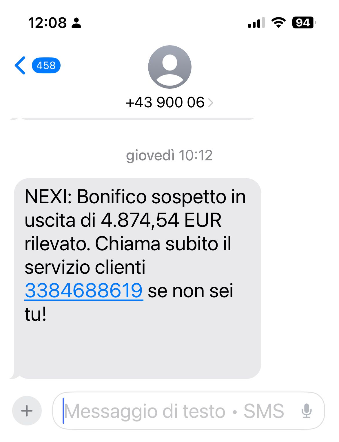 Esempio di SMS truffa Nexi